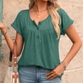 thumbnail image 6 of Women's Curved Hem Short Sleeve Shirts Summer Soft Pleated Scoop Neck Button Down Shirt Loose Fit Casual Daily Wear Tops Army Green, 6 of 8