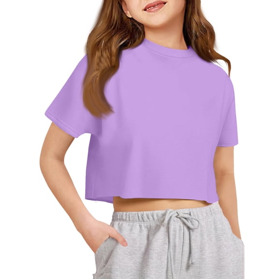 YOUYEDIAN Girls Athletic Oversized Crop Tops Kids Drop Shoulder Short Sleeve T Shirts Workout Tees (Light Purple, 13-14 Years)