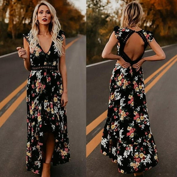 Women Summer Vintage Boho Long Maxi Dress Party Beach Dress Floral Sundress 