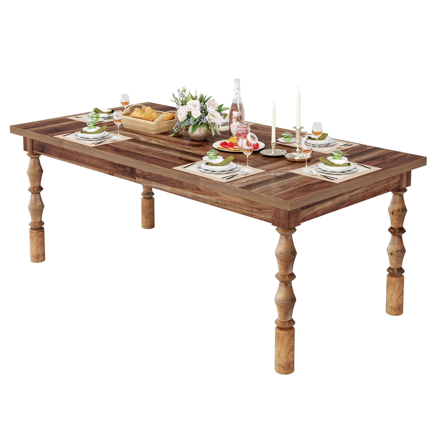 Fnova 62" Farmhouse Dining Table for 4-6 People, Large Wood Rectangle Kitchen Table Modern Dining Room Furniture with Carved Turned Legs