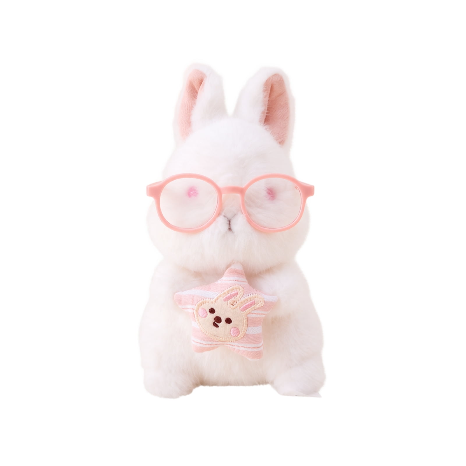 Cute Fluffy Bunny Stuffed Animals Plush Outfit Rabbit Plushie With Glasses Bow Bib & Star Decor Small Portable Sitting Toy Birthday Christmas Gift For Children and Girls B