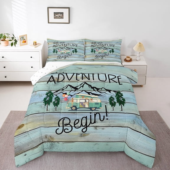 Erosebridal Happy Camping Bedding Twin Comforter Set,Rustic Cabin Down Comforter,Adventure Camper Bedding Sets Twin with Comforter,Lightweight Lodge Room Decor,Reversible,3pcs
