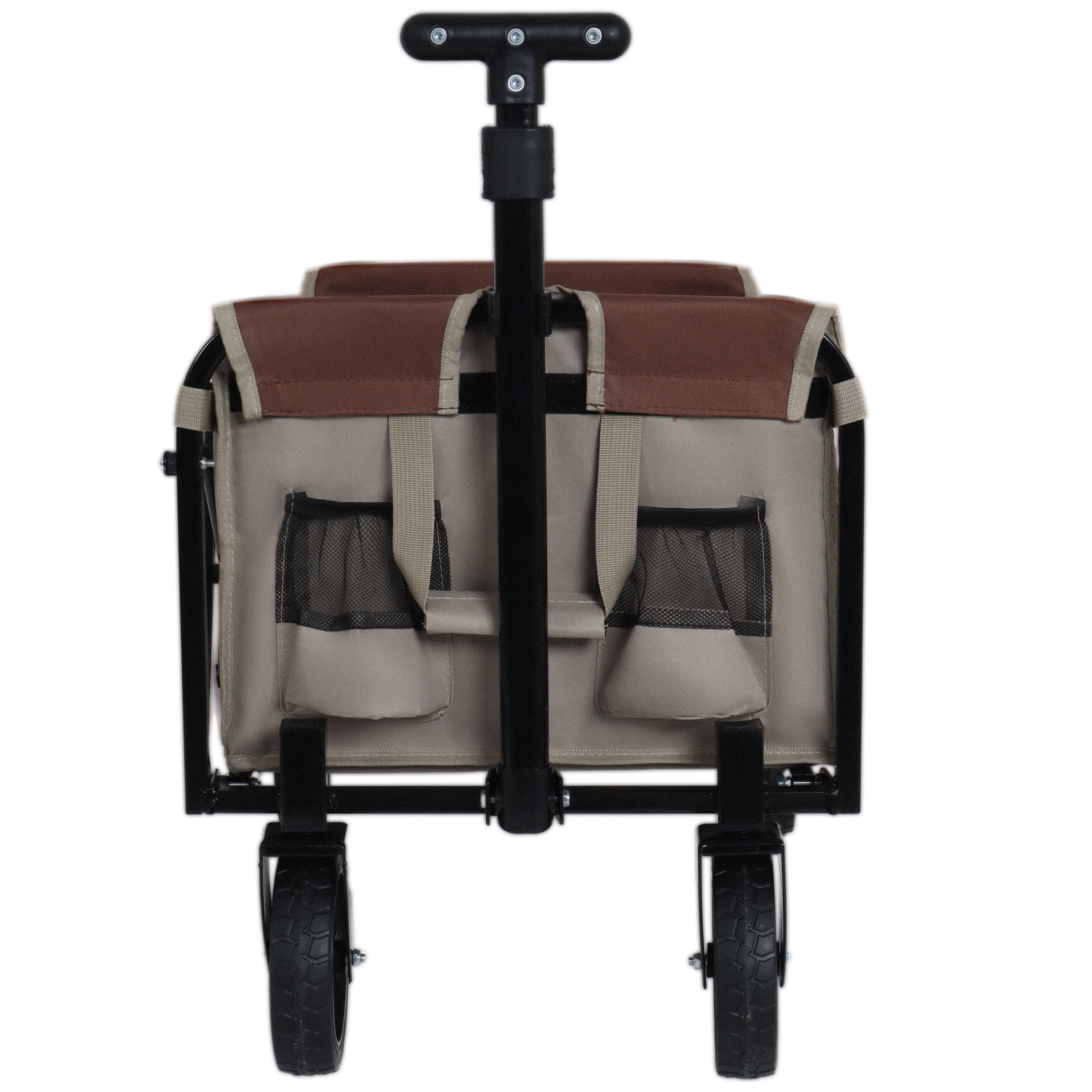 All-in-One Convertible Folding Camping Wagon Cart, Bench Seat, Storage Compartment & Included Dog Tether, Beige/Brown