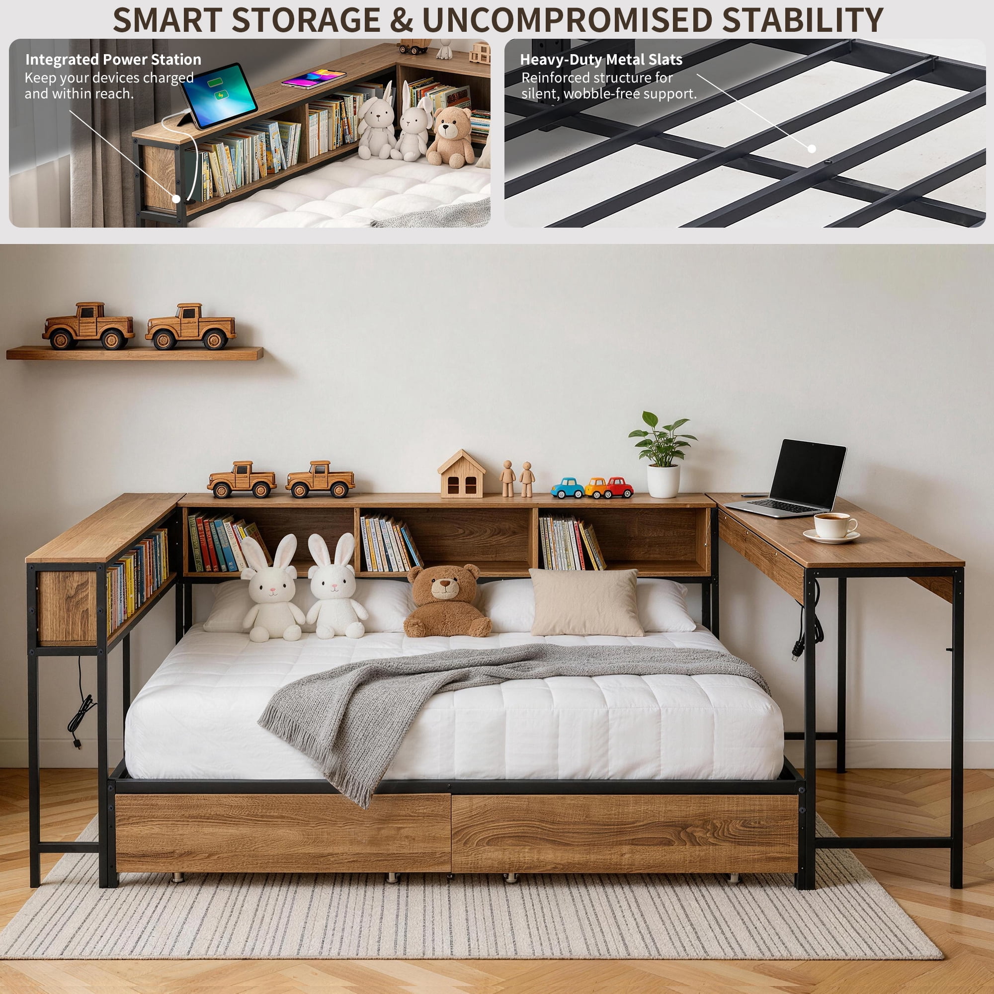 Miniyam Twin Corner Bed Frame with Desk and Storage, Bookcase Headboard, 2 Drawers, LED Lights, Charging Station, Rustic Brown