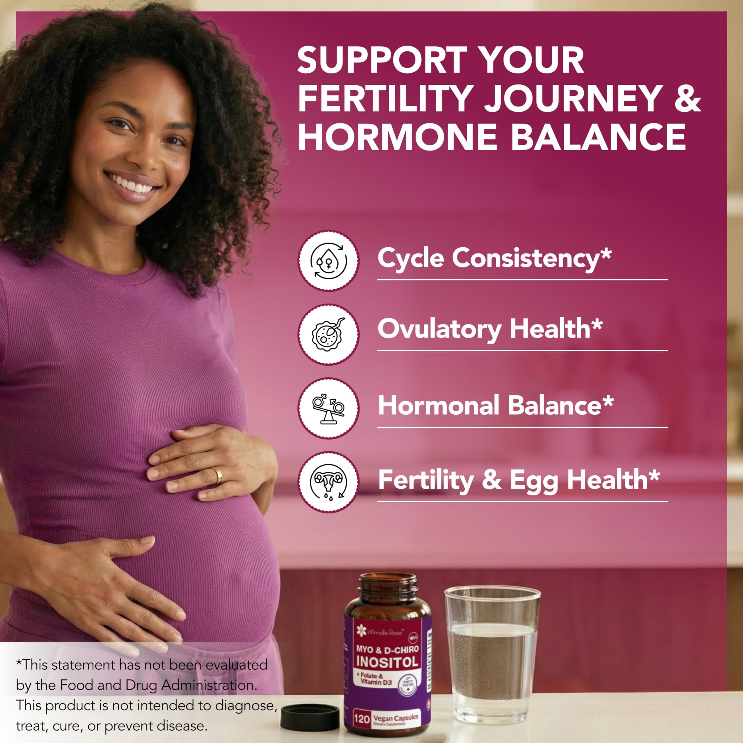 Intimate Rose Myo-Inositol & D-Chiro Inositol Supplement with Folate and Vitamin D - Support Hormonal Balance, Regular Cycles and Ovarian Health - 30-Day Supply - 40:1 Ratio Capsules