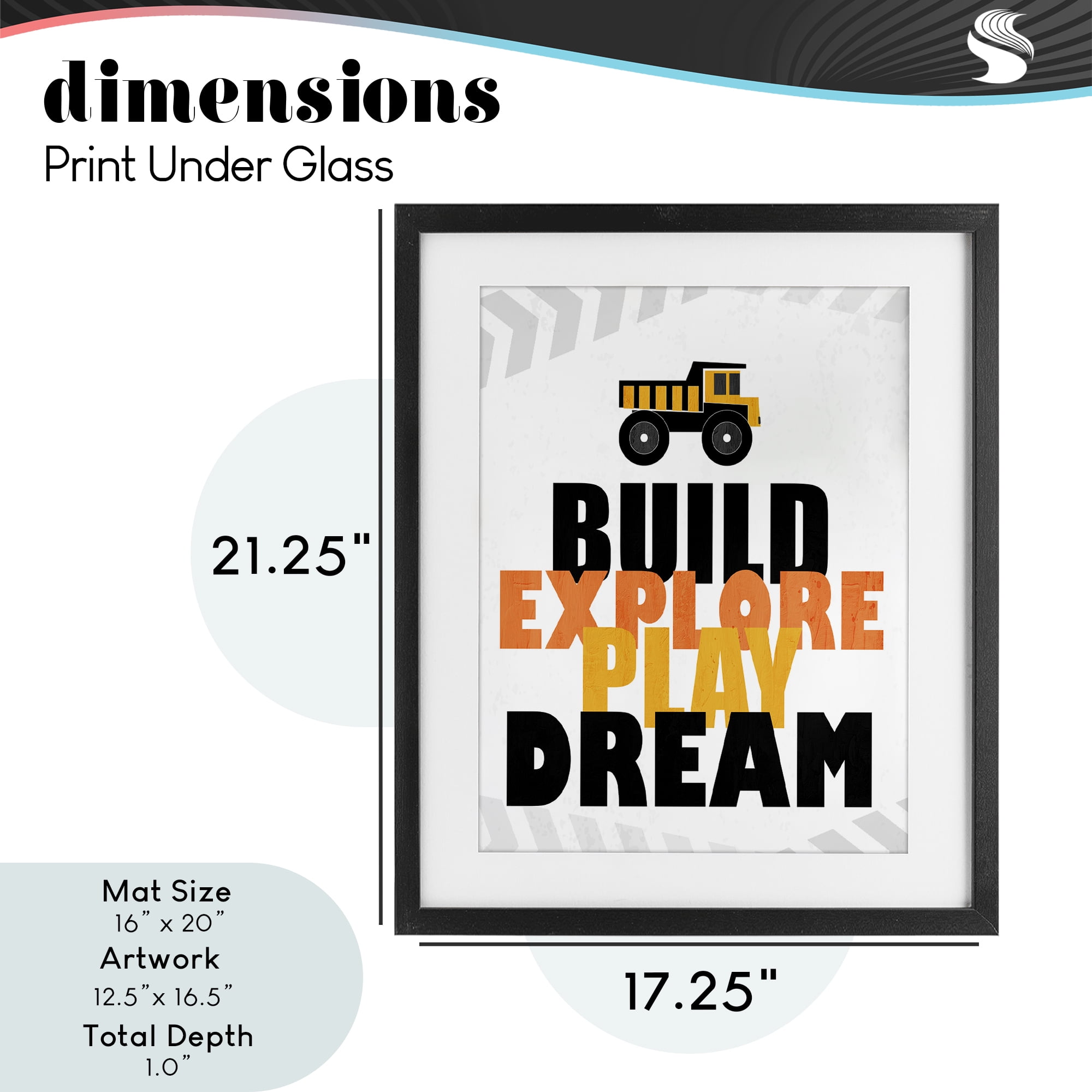Build Explore Play Dream Black Framed Print Under Glass, design by Kim Allen