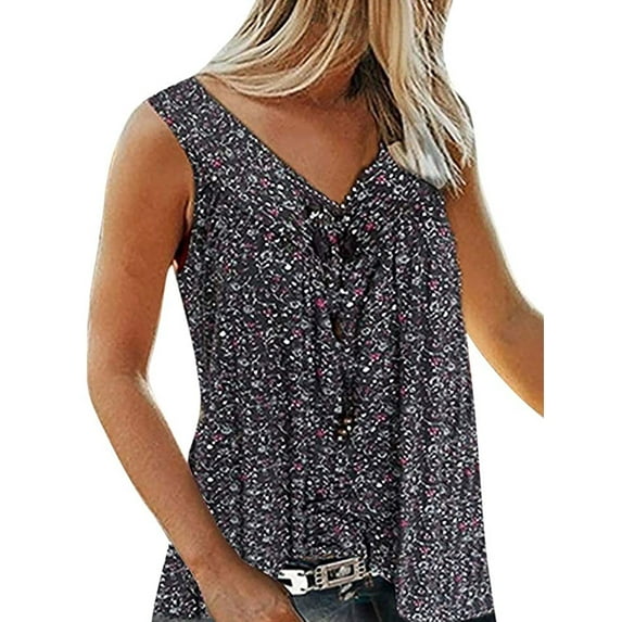 Women Summer Top Floral Loose V-Neck Sleeveless Wild Fashion Pullover Top