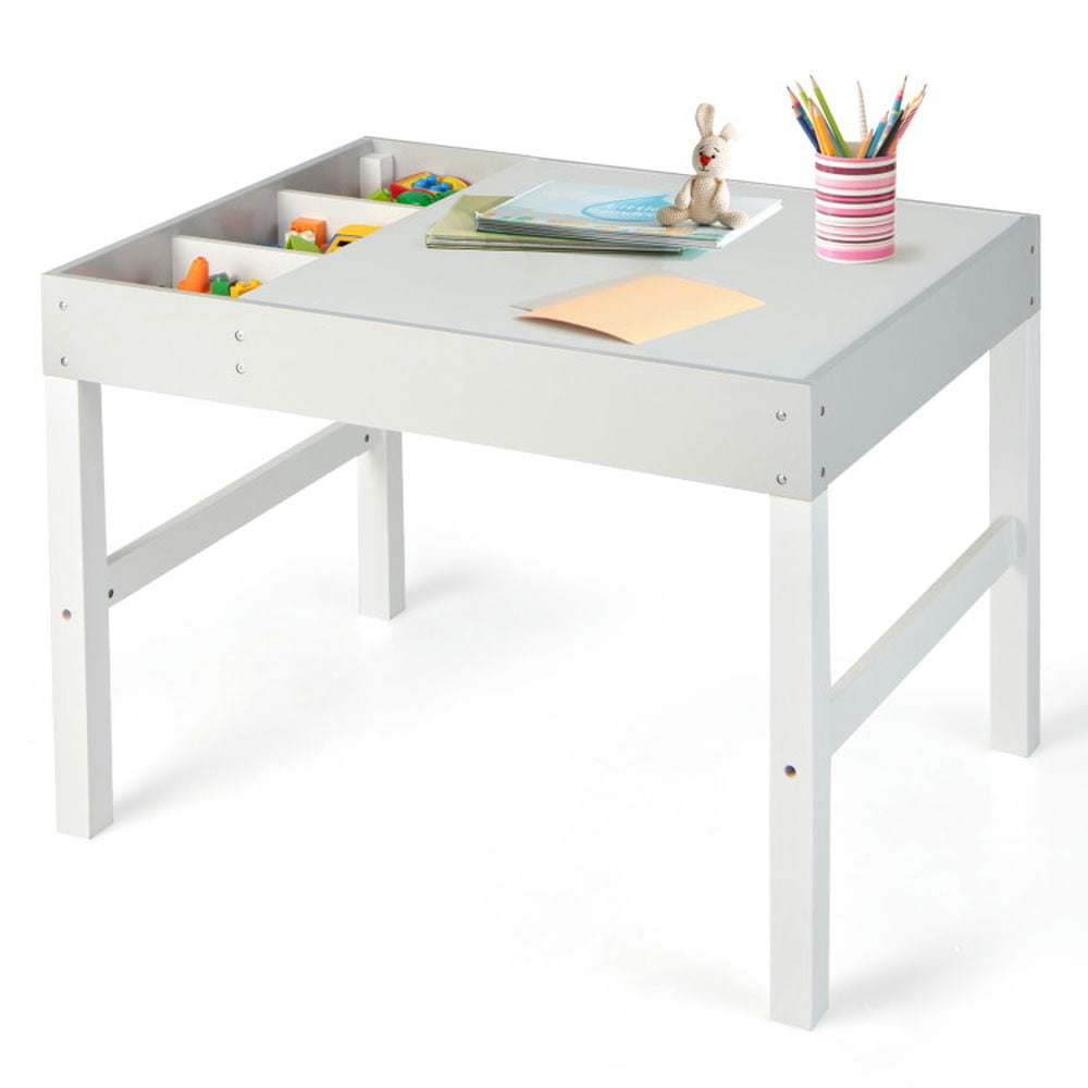 Spaco 3 in 1 Wooden Kids Table with Storage and Double-Sided Tabletop-White, Toddler Table and Chair Set for Arts & Crafts, Snack Time, Homeschooling, Homework