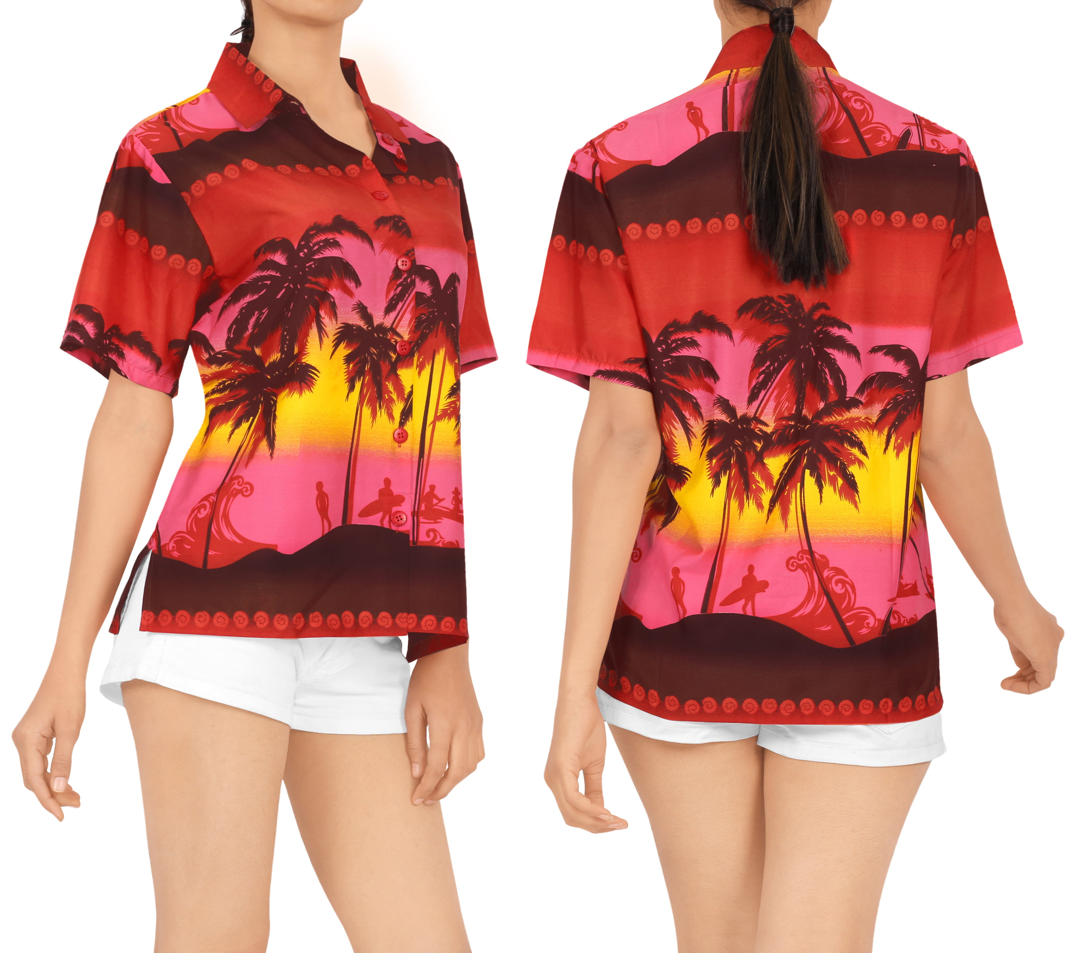 HAPPY BAY Women's Size Hawaiian Shirt Aloha Shirt Beachwear Outfit S Red_X46