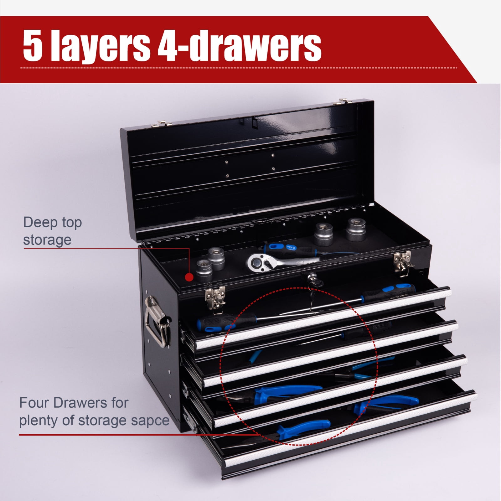 Deiokin 21" Heavy Duty Metal Tool Box, 4-Drawer Portable Tool Chest with Ball Bearing Slides & Auto-Locking System