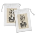 thumbnail image 1 of Hipster Fabric Pouch Set of 2, Hand Drawn Design Portrait of Happy Wolf in Stripped T Shirt and Glasses, Drawstring Bag for Toiletries Masks and Favors, 9" x 6", Beige Charcoal Grey, by Ambesonne, 1 of 2