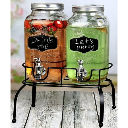 Estilo 1 Gallon Glass Mason Jar Double Drink Dispenser with Leak Free Spigot On Metal Stand With Embossed Chalkboard and Chalk,