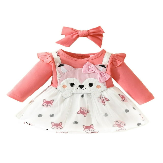 Robe d'Automne pour Bébé Fille Fox, Robe à Manches Longues avec Nœud, Robe Princesse Décontractée en Tulle à Mailles Superposées avec Bandeau