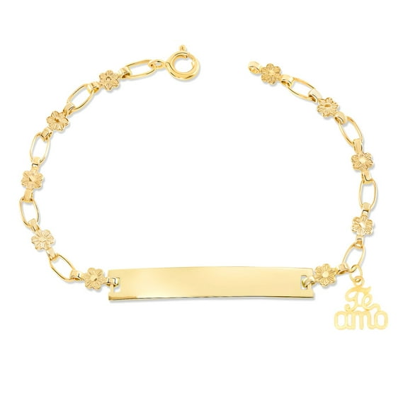 Retro Link© Kids 14K Gold-Plated, Te Amo Charm Bracelet, Flower Engravable ID, 5.5"-6"