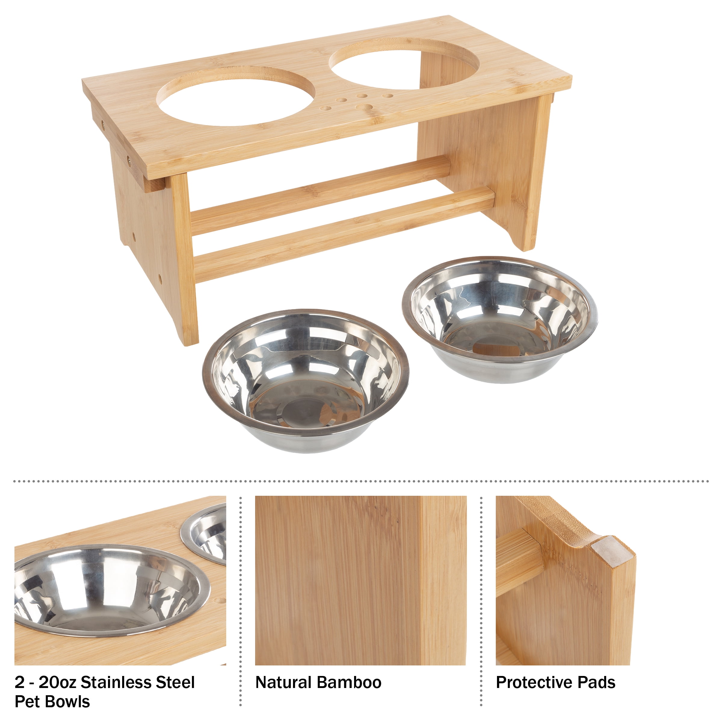 Petmaker Elevated Dog Pet Bowls with Stand - 7-Inch Bamboo Feeder with 2 Stainless Bowls - Hold 20oz