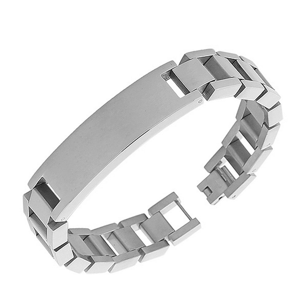 Stainless Steel Silver-Tone Name Tag Men's Link Chain Bracelet 