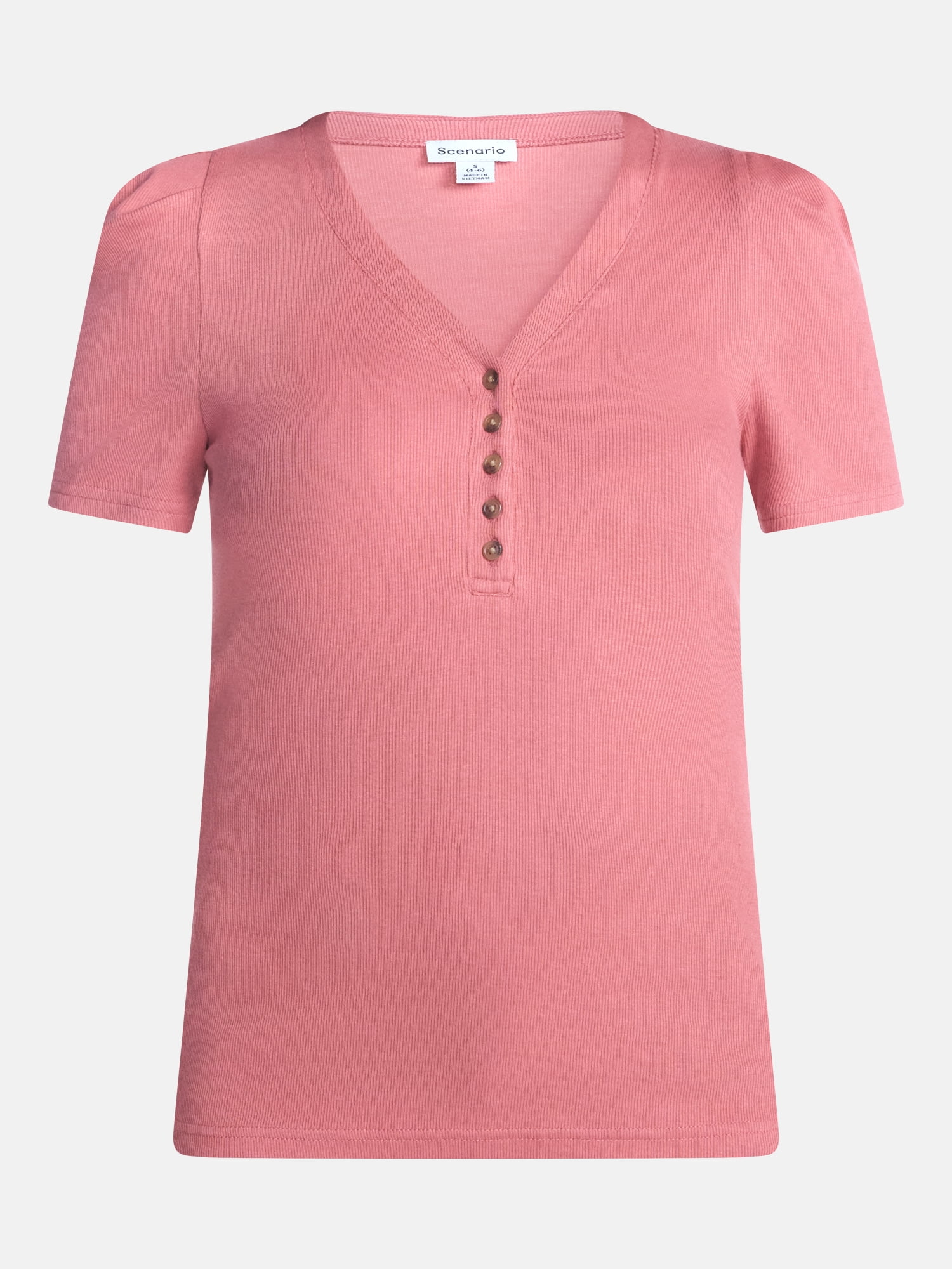 Scenario Women's V-Neck Henley Top with Short Puff Sleeves, Sizes XS-XXXL