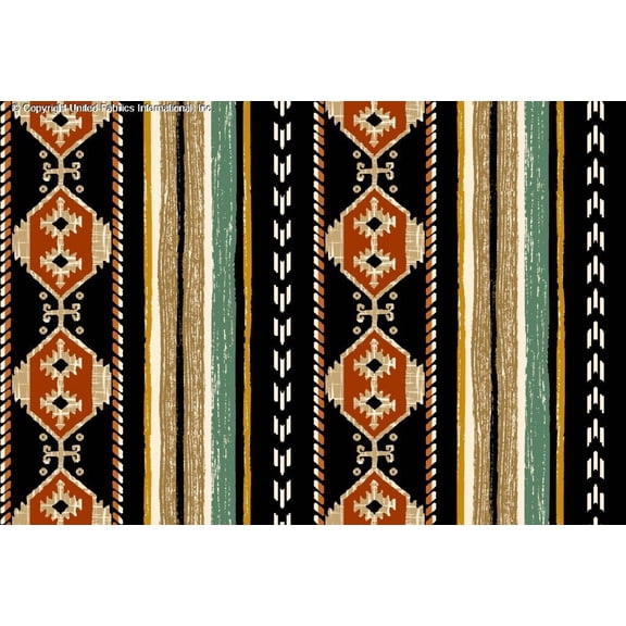 Crepe Techno Printed Remi, Stretch Crepe, Tribal Fabric, Dress Fabric (BLACK/RUST/TEAL, HalfaYard)
