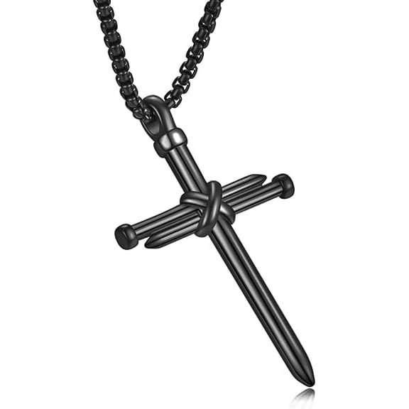 Men's Stainless Steel Nail Cross Pendant Necklace with 24 INCH Chain Polished Black