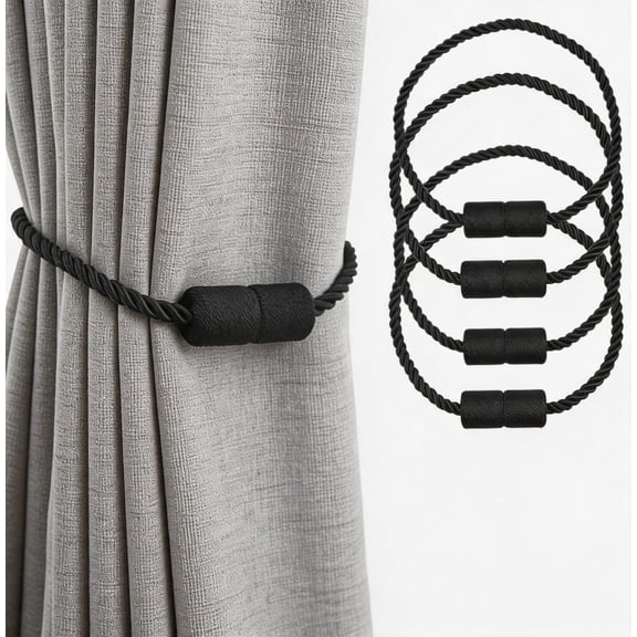 Magnetic Curtain Tiebacks, 4 Pack Black Modern Window Holdbacks, Strong Outdoor Indoor Decorative Drape Tie Backs Rope Holders for Draperies