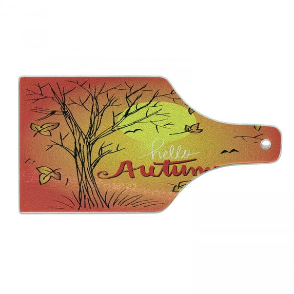 Autumn Cutting Board, Hand Drawn Fall Landscape with a Words Warm Colored Seasonal Nature Illustration, Decorative Tempered Glass Cutting and Serving Board, in 3 Sizes, by Ambesonne