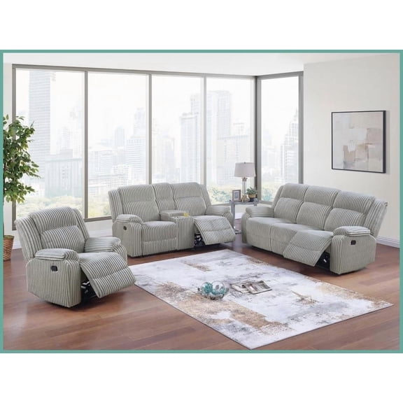 Contemporary 3pc Fur-Like Corduroy Motion Sofa Set - Sofa, Loveseat with Console & Recliner Chair for Living Room