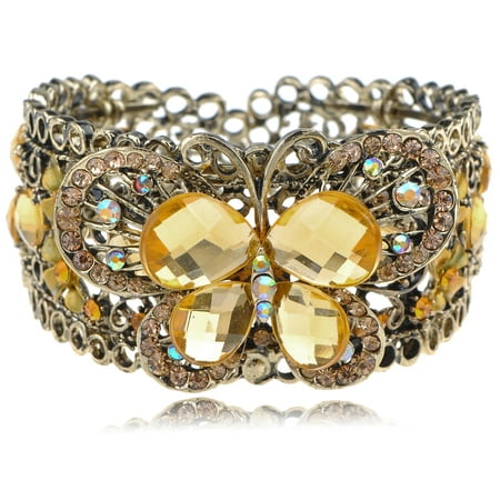 - Gold-tone Vintage-Inspired Topaz Crystal Rhinestone Flower Butterfly Bracelet