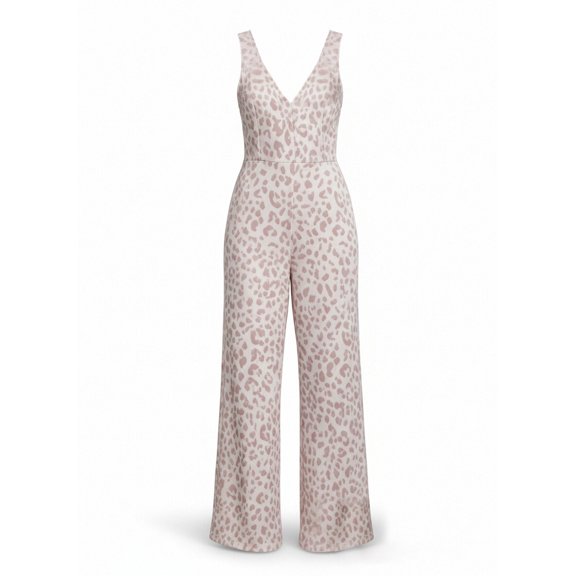 Sleeveless V-Neck Stretch Knit Wide Leg Jumpsuit with Soft Lilac Leopard Print and Pockets Summer One Piece Romper Pantsuit for Vacation