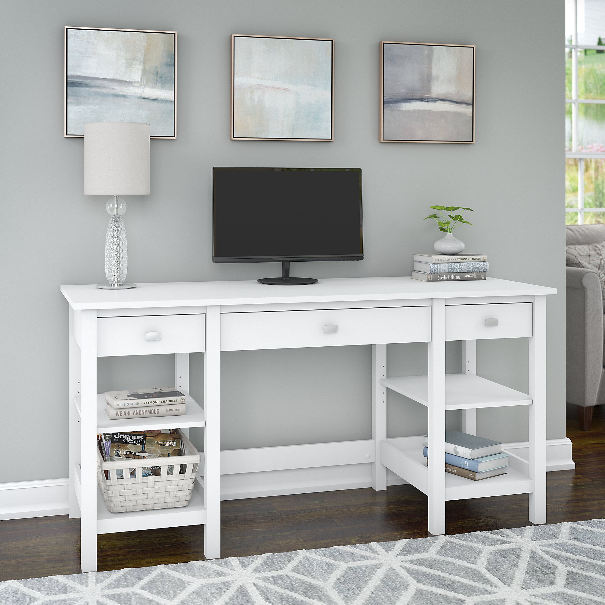 Bush Furniture Broadview Computer Desk with Drawers in Pure White