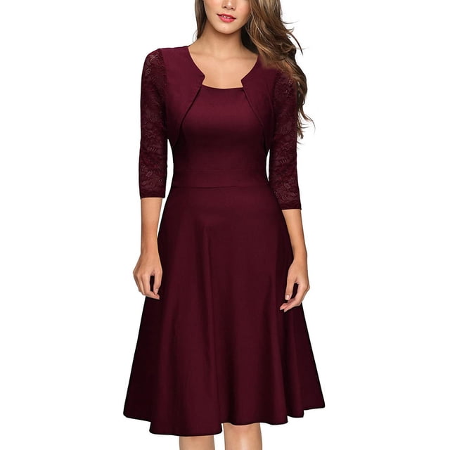 Vestido de cóctel de manga 2/3 de encaje floral con cuello cuadrado vintage para mujer Ormromra WRMH-236-2