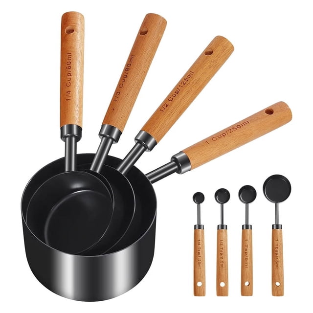 Tazas y cucharas medidoras, mango de madera con medidas métricas y estadounidenses, taza medidora seca y líquida, 8 piezas