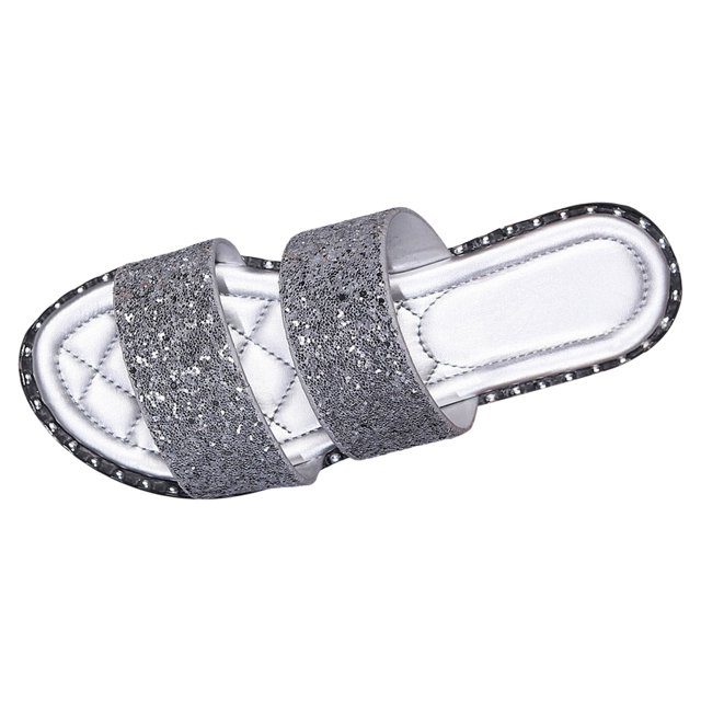 IUJSOY Women's Glitter Two Band Slides Sandals Flats Slip on Rivet Memory Foam Summer Slippers