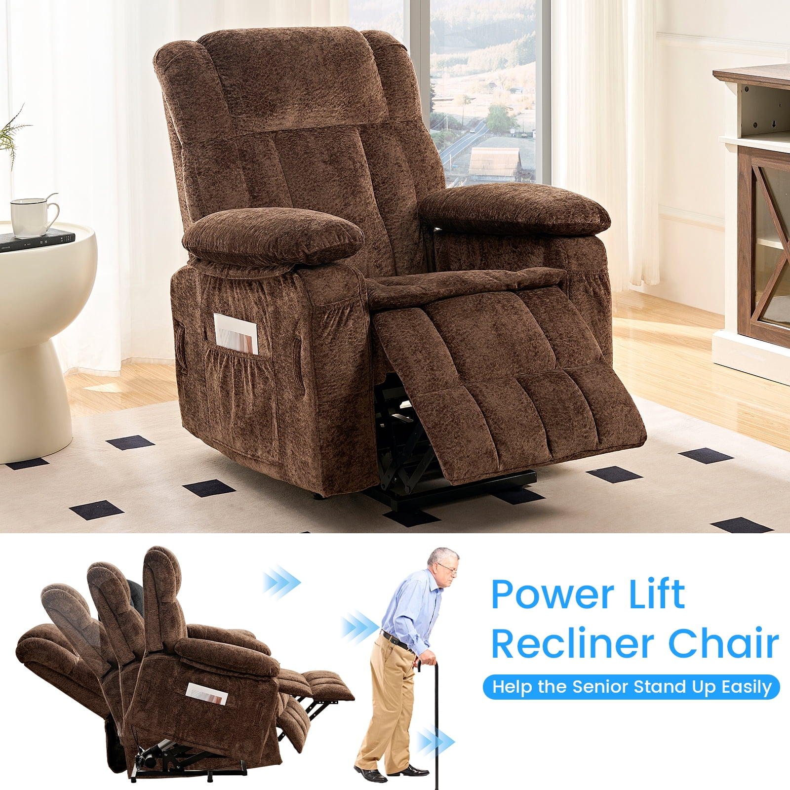 Puremind Power Lift Recliner Chair with Heating and Message for Elderly, Dual Motor Electric Lift Recliner Sofa for Living Room/Bedroom, Brown