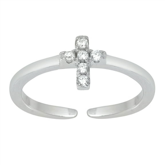 Sterling Silver Clear Cubic Zirconia Cross Toe Ring Christian Adjustable Band 925 Jewelry Female