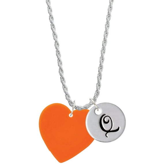 Delight Jewelry Acrylic 1" Orange Heart Silvertone Script Initial Disc - Q - Charm Necklace, 20"+3"