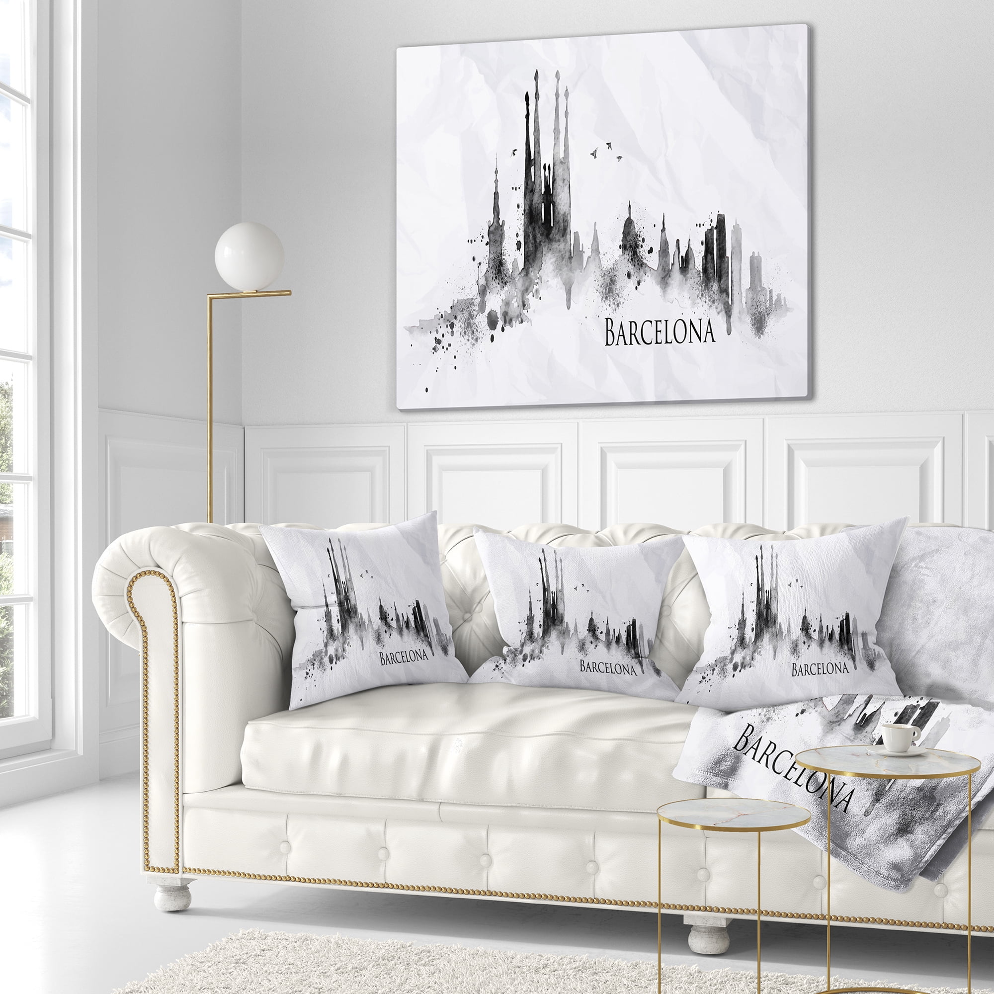 Designart Barcelona Black Silhouette - Cityscape Painting Throw Pillow - 16x16