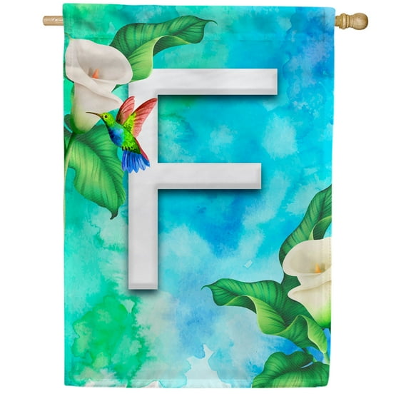 America Forever Summer Flowers Birds Monogram House Flag Letter F 28 x 40 inches Hummingbird Calla Lily Spring Floral Double Sided Vertical Outdoor Yard Lawn Decorative White Floral House Flag