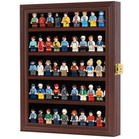 DisplayGifts Lockable Mahogany Minifigure Display Case Wall Mount Cabinet with Removable Shelves, Dimensions 11.5" W X 13.75"H X 2.15"D, No Assembly Required