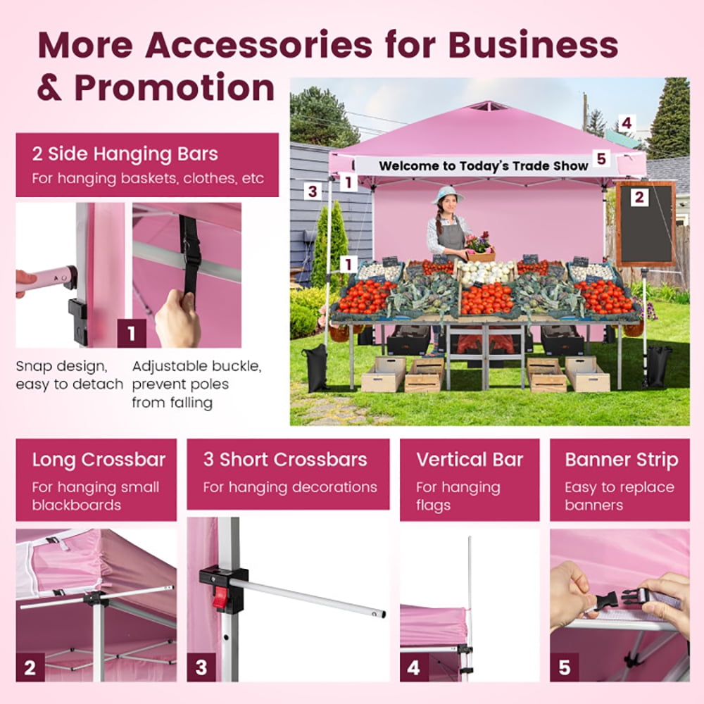 Aimee Lii 10 x 10 Feet Foldable Commercial Pop-up Canopy with Roller Bag and Banner Strip, Backyard Canopy Gazebo for Party Camping BBQ Events, Pink