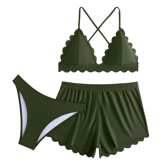 Women's Color Bikini Swimsuit Swimsuit Three Piece Set Army Green L