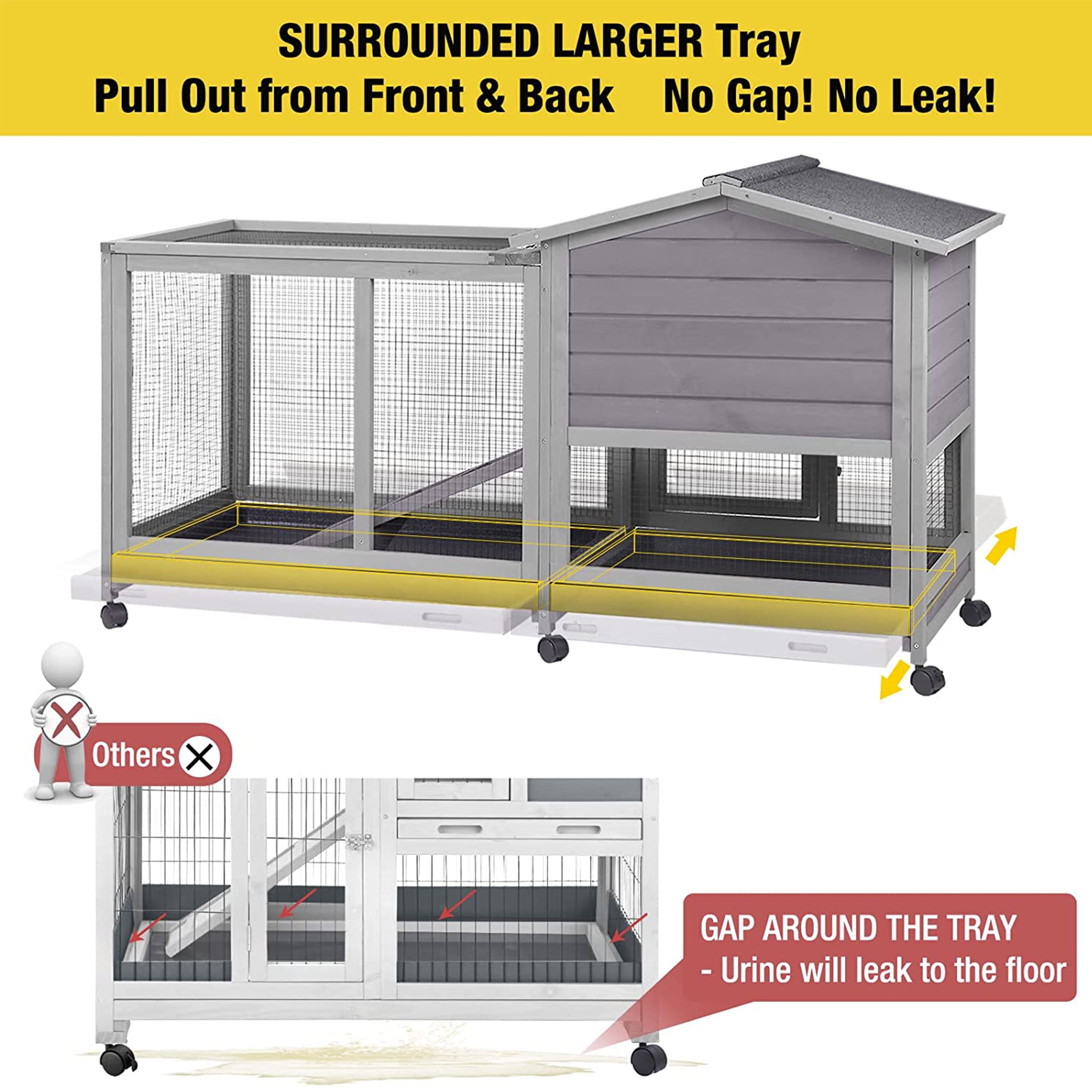 Morgete Wood Rabbit Hutch Bunny Cage with Wheels Small Pet