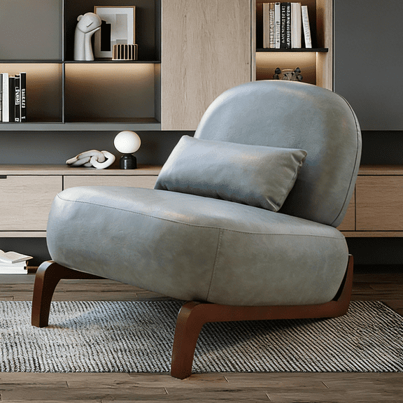 Cute Blue Faux Leather Accent Chair with Solid Wood Legs and Soft Cushion | Armless Reading Chair for Living Room, Bedroom, Apartment, Waiting Room, Balcony