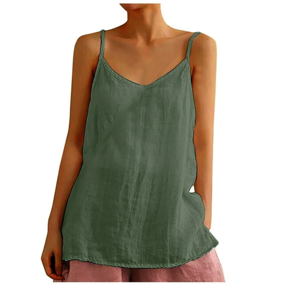Womens Cotton Linen Tank Tops Summer Casual Sleeveless V Neck Camisole Loose Fit Spaghetti Strap Cami Shirts