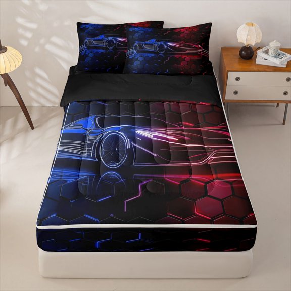 Manfei Racing Car Zipper Twin Comforter Sets with Fitted Sheet and 2 Pillowcases,Abstract Geometric Hexagonal Pattern Zipper Bedding Set,Red Blue,Black Reversible,4pcs