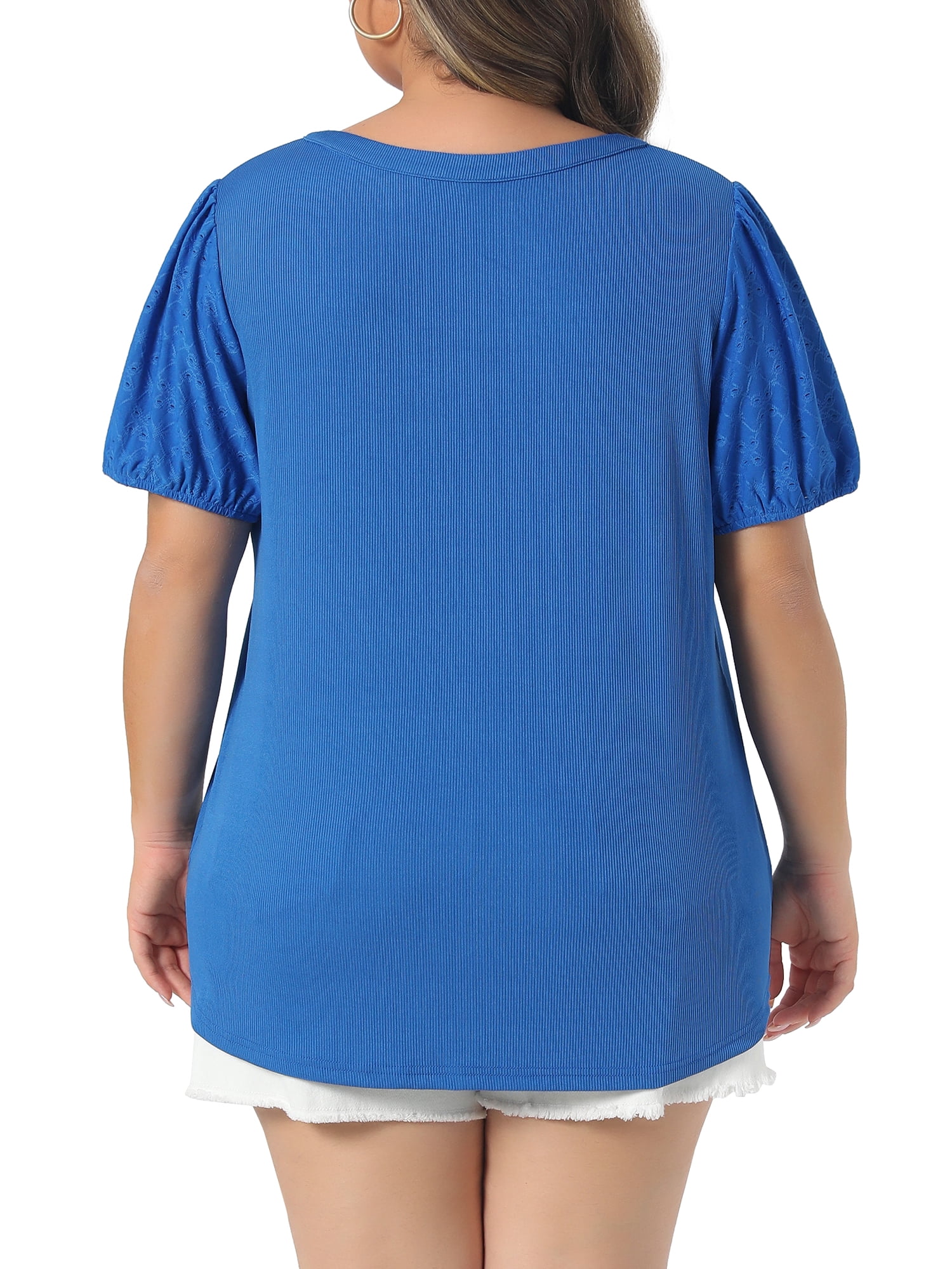 DARING DIVA Women's Plus V Neck Puff Sleeve Tops Blouse 3X Royal Blue