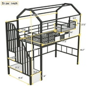 Euroco Twin Loft Bed with Cabinet, Solid Metal House Bed for Kids Teens, Black
