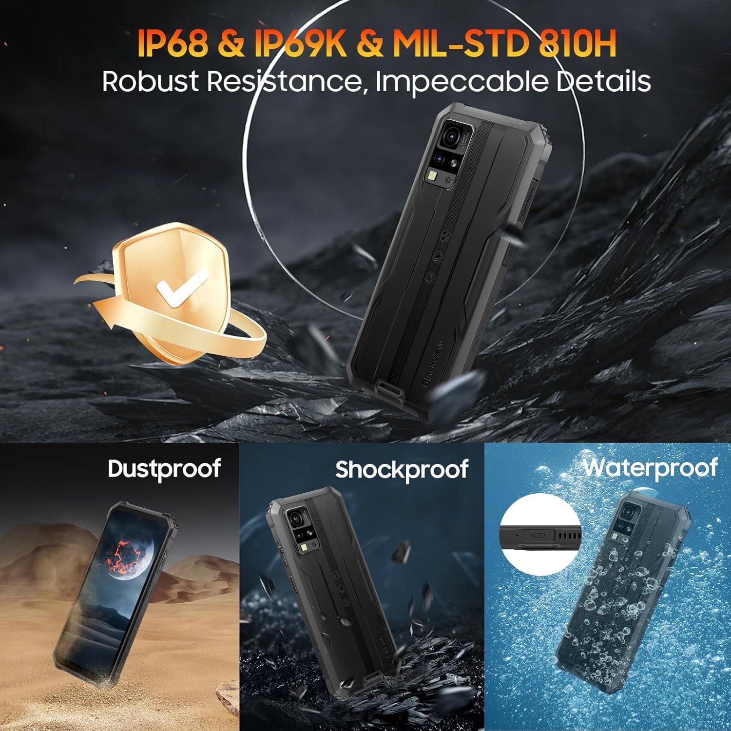 Blackview Rugged Phone BV4800, Android 4GB+32GB/SD 2TB Rugged Smartphone, 6.56" Incell Screen 5180mAh Rugged Phone, 4G T-Mobile Dual SIM Rugged Smartphone Unlocked, IP69K, 3 Card Slots/Face ID-Black