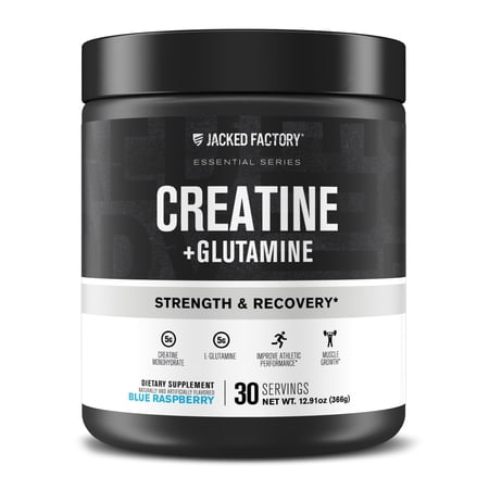 Jacked Factory Creatine + Glutamine - Creatine Supplement with L-Glutamine for Muscle Recovery Muscle Growth Increased Strength Enhanced Energy Output and Gut Health - 30 Servings Blue Raspberry