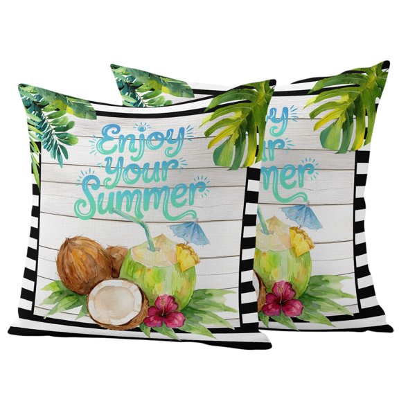 Summer Coconuts Outdoor Waterproof Pillow Covers, Beach Fruit Palm Tree Wooden Striped Decorative Square Throw Pillowcase Sofa Cushion Sham for Patio/Couch/Chair, 16"x16" 2 Pack