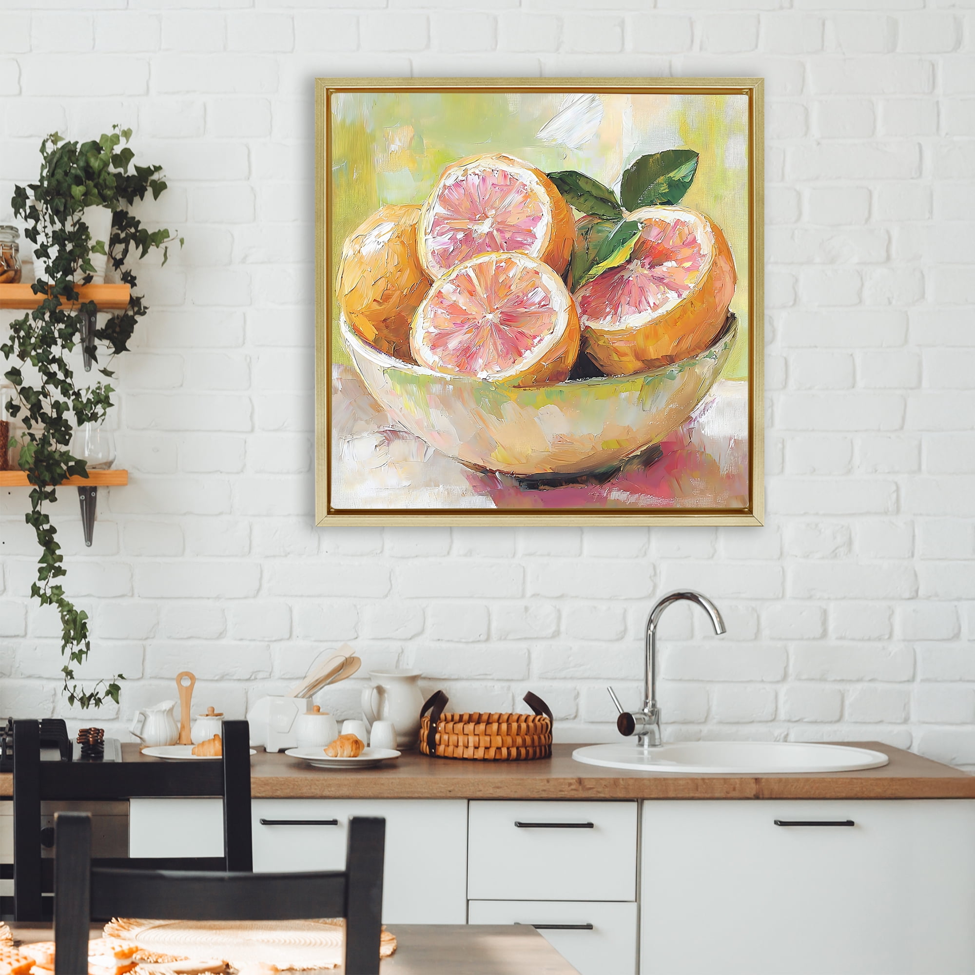 Stupell Industries Bold Grapefruit in Ceramic Bowl Gold Framed Floater Canvas Wall Art, design by Riley B